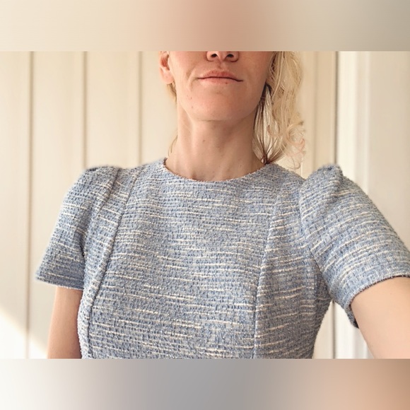 NWOT Calvin Klein Tweed Light Blue and White Dress with Padded Sleeves - Picture 3 of 6